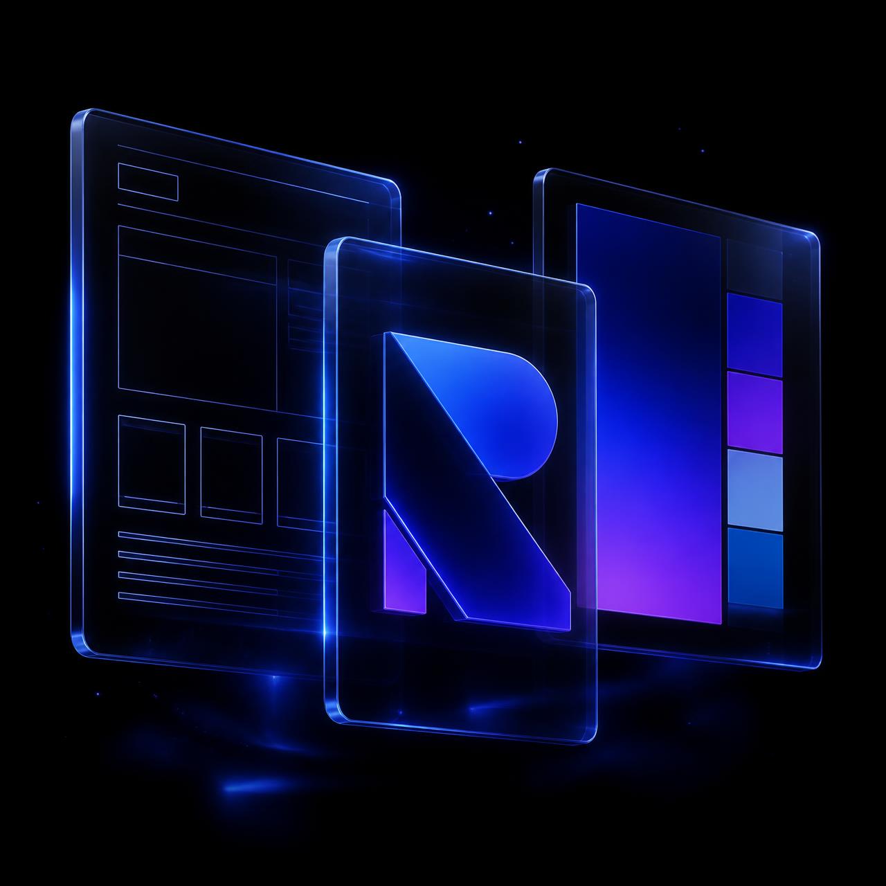 Brand identity system, website and mobile app design shown as a floating glass workspace